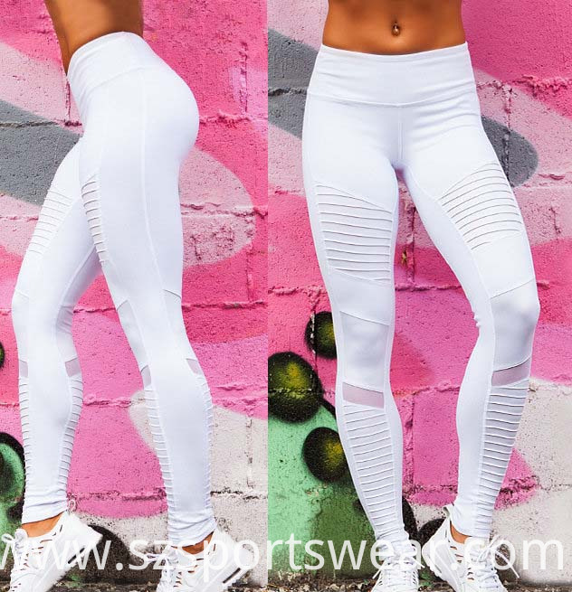 Factory OEM Custom Pleated White Fitness Women Yoga Leggings Sports Pants with Mesh